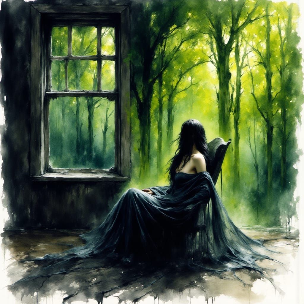 Gothic Noir Woman in Watercolor Forest Realm