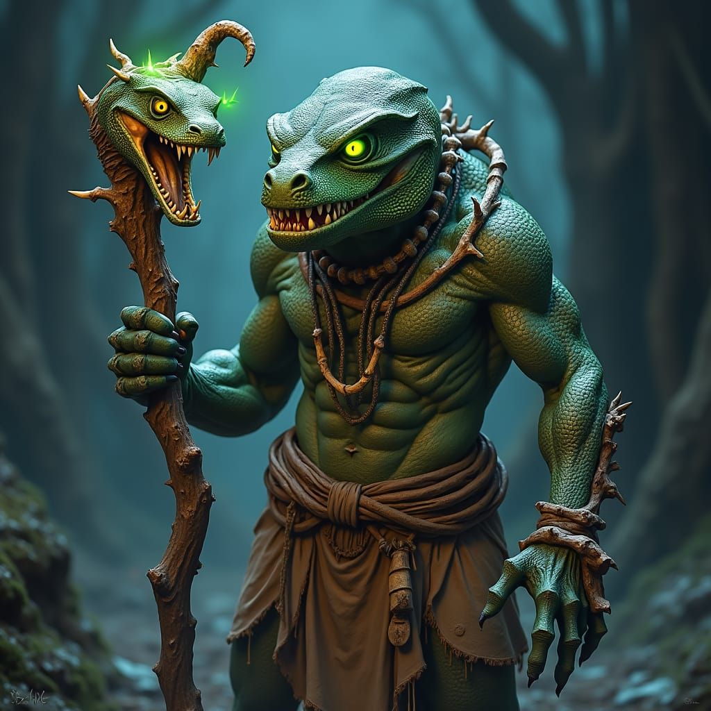 Reptilian Shaman with Cobra Staff in Dark Fantasy