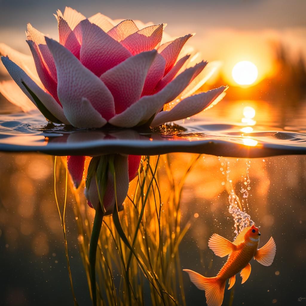 Water Lily at Sunset with Fish