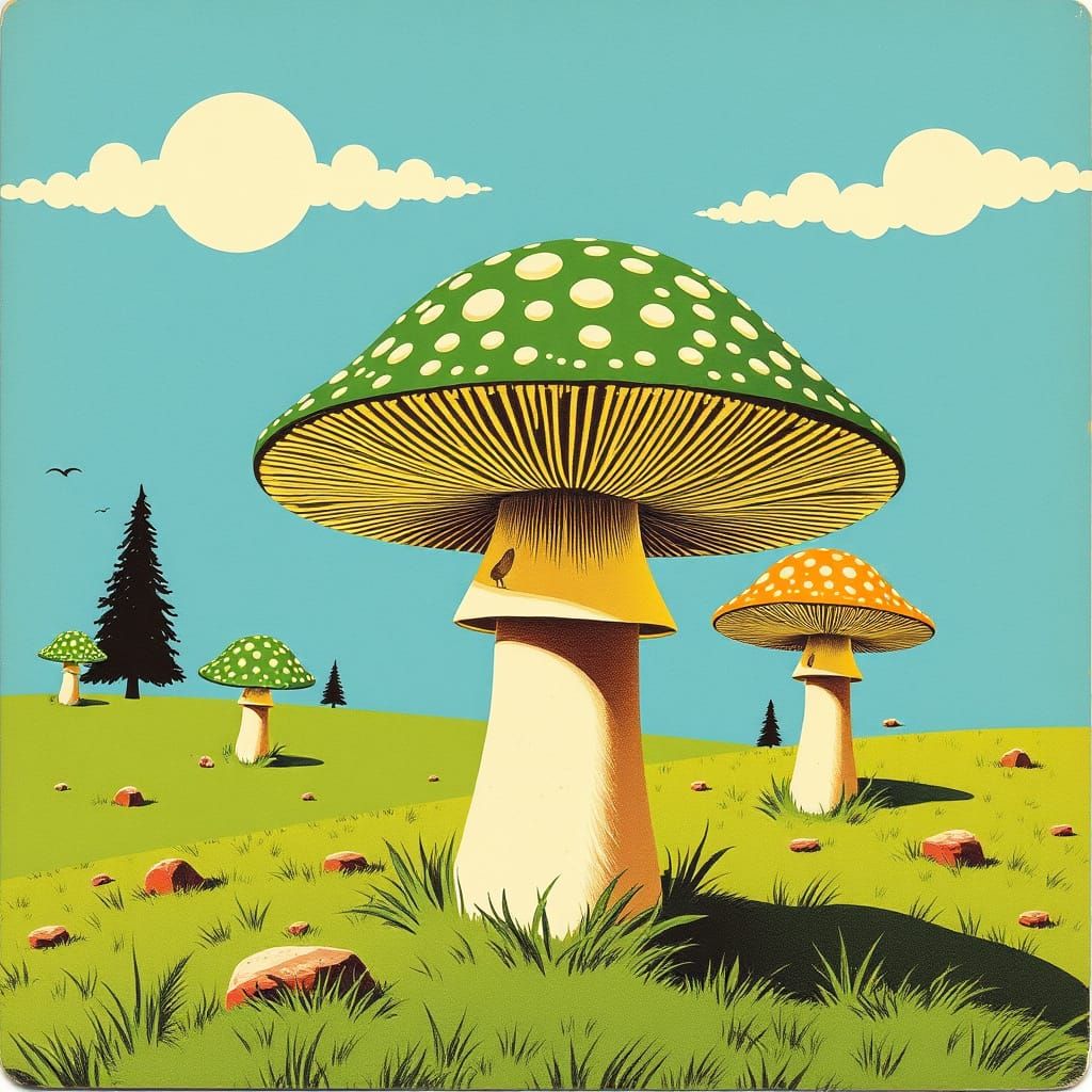 Groovy Mushroom Landscape in Retro Mod Style