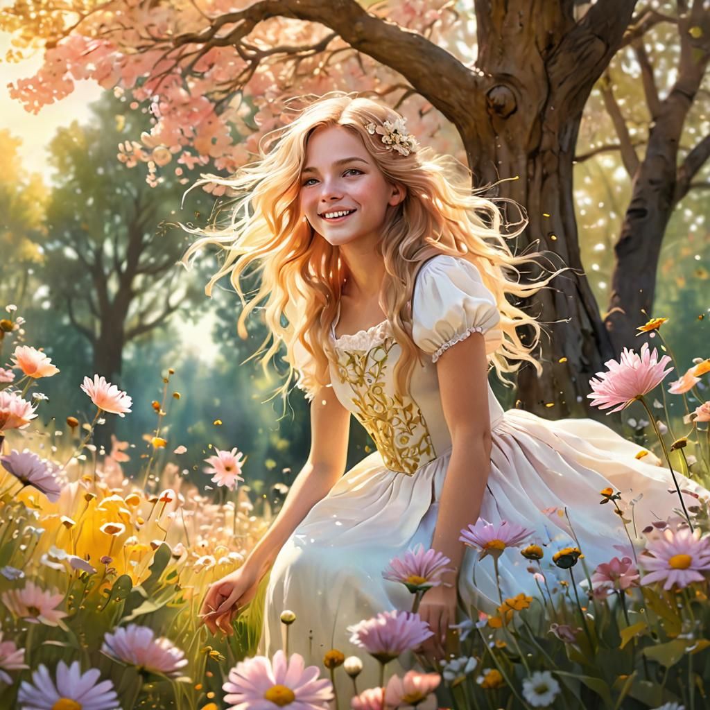 Whimsical Girl in Sunny Meadow, Watercolor Style