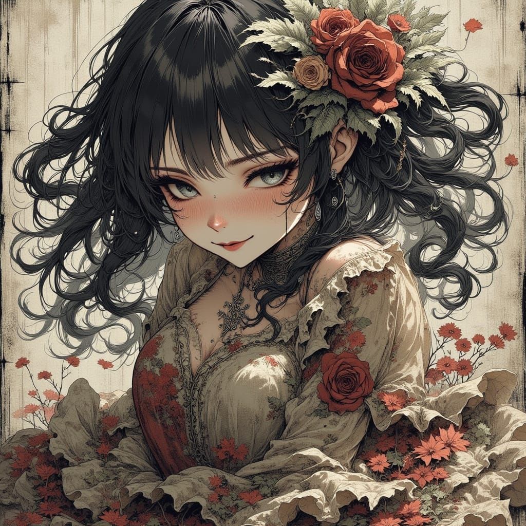 Haunting 80s Anime Woman Amidst Zentangle Patterns