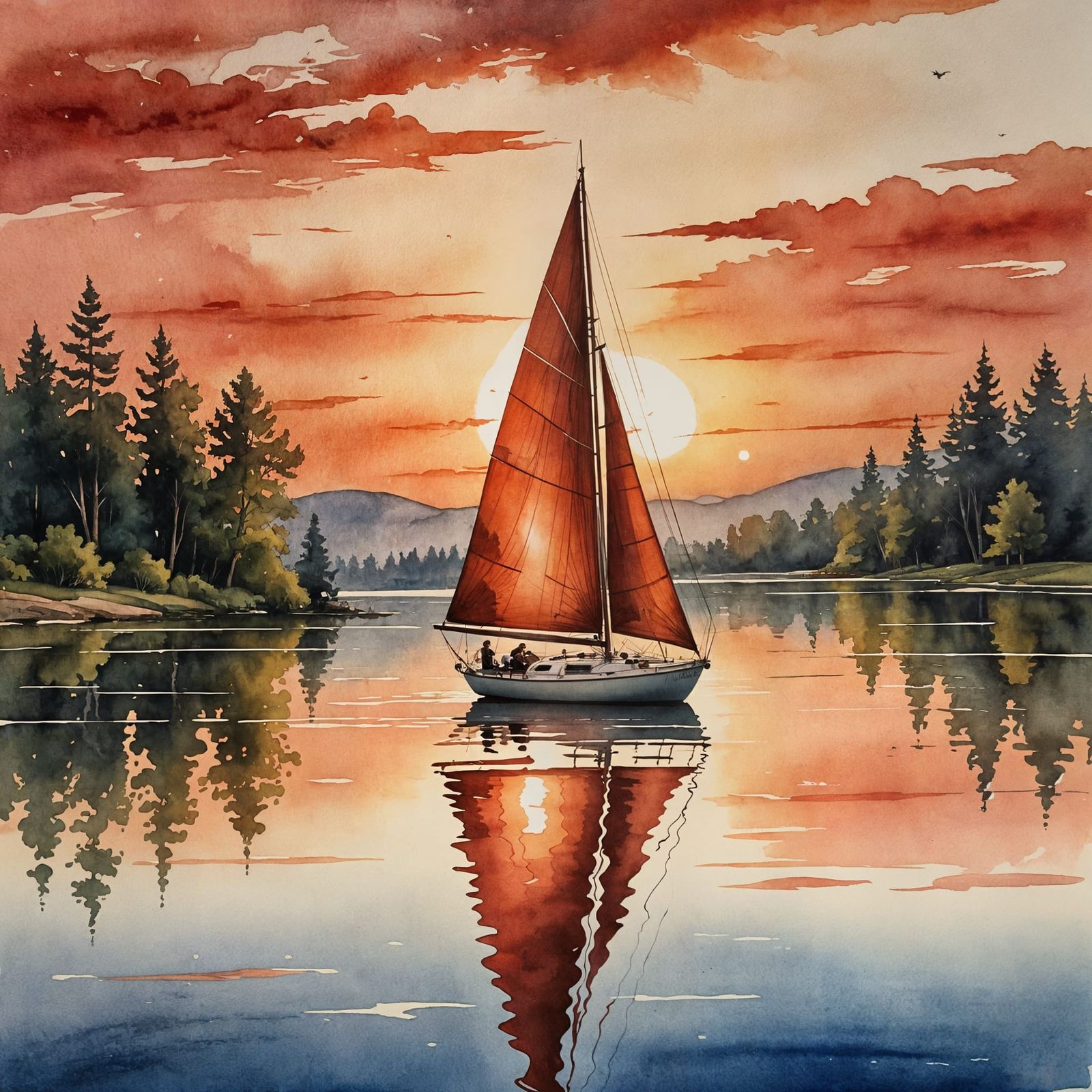 Antique Watercolor Sailboat at Sunset