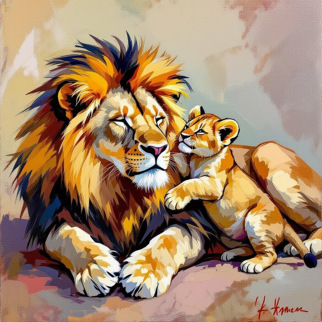 Lion Father and Cub in Expressive Oil Painting Style