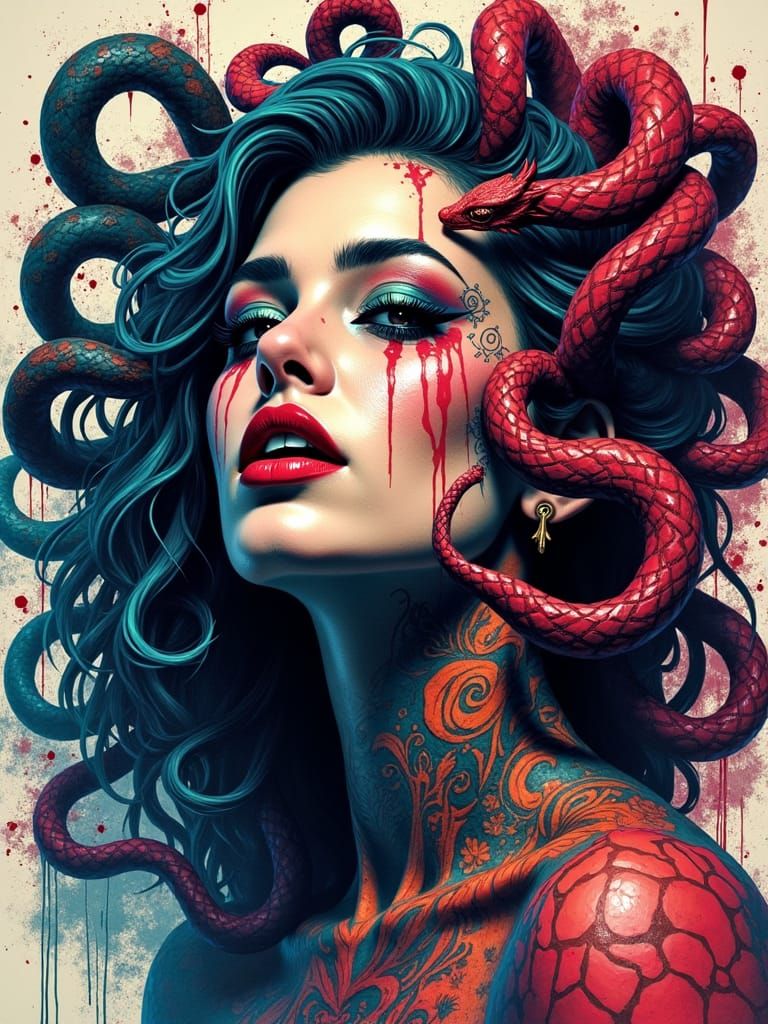 Medusa Portrait with Tattoos in Graffiti Art Style