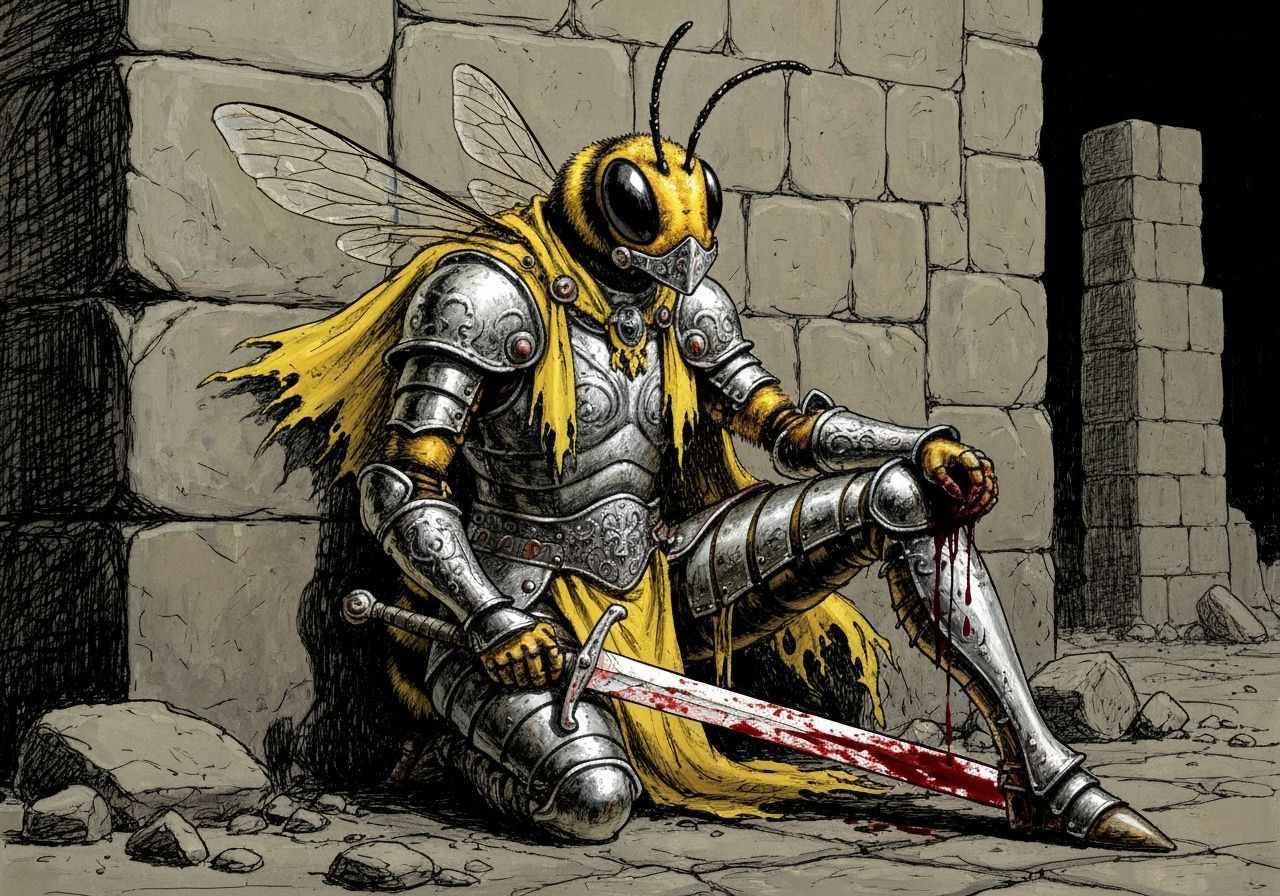 Insectoid Knight in Ruins as Oil Painting