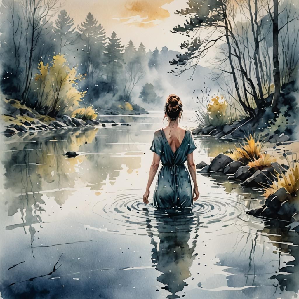 Woman Bathing in Misty River: Watercolour Ink Illustration