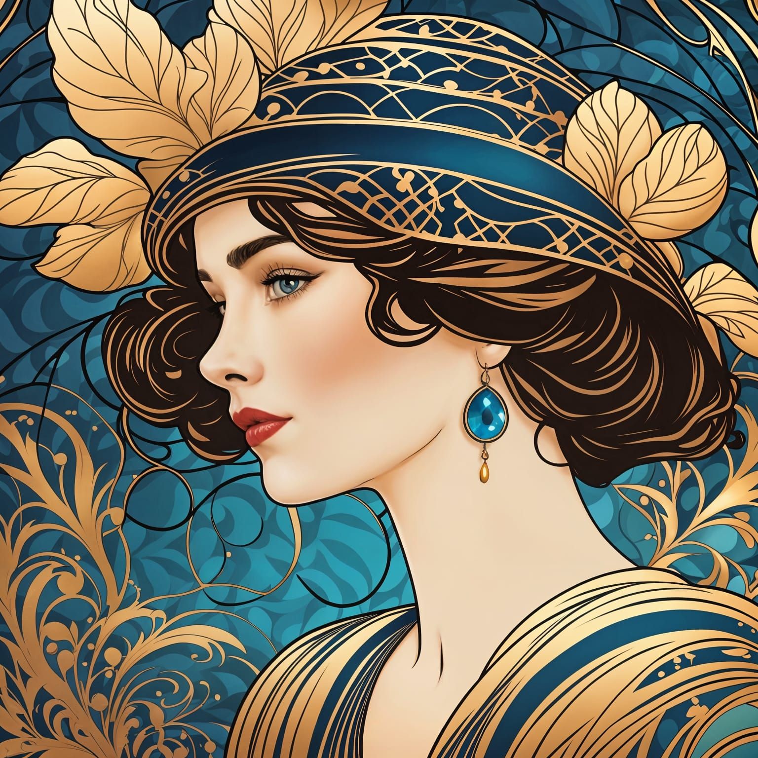 Ethereal Woman in Dark Blue and Gold, Dreamy Floral Fantasy
