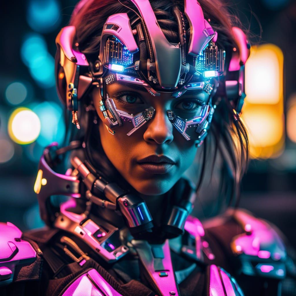 Cyborg Girl in Neon City, Hyperrealistic Portrait