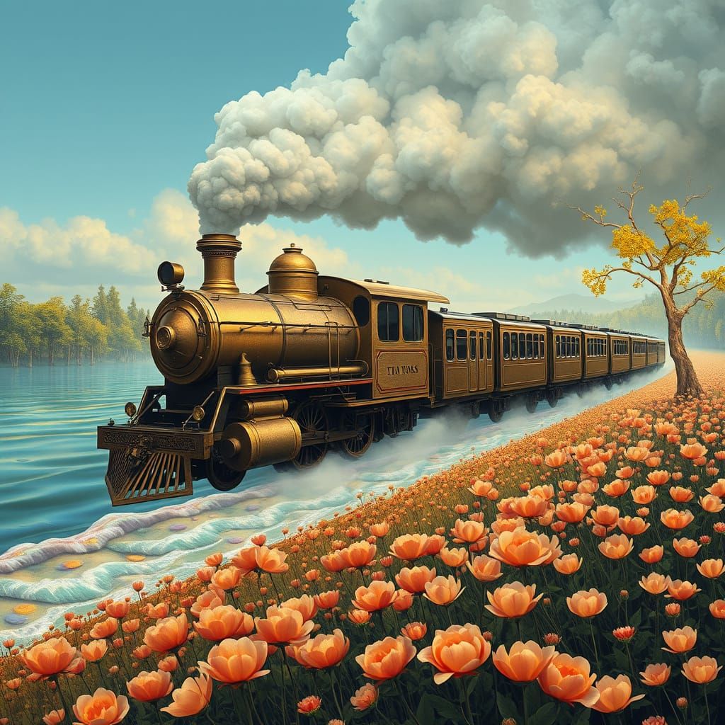 Vintage Locomotive Soars Through Dreamlike Realm