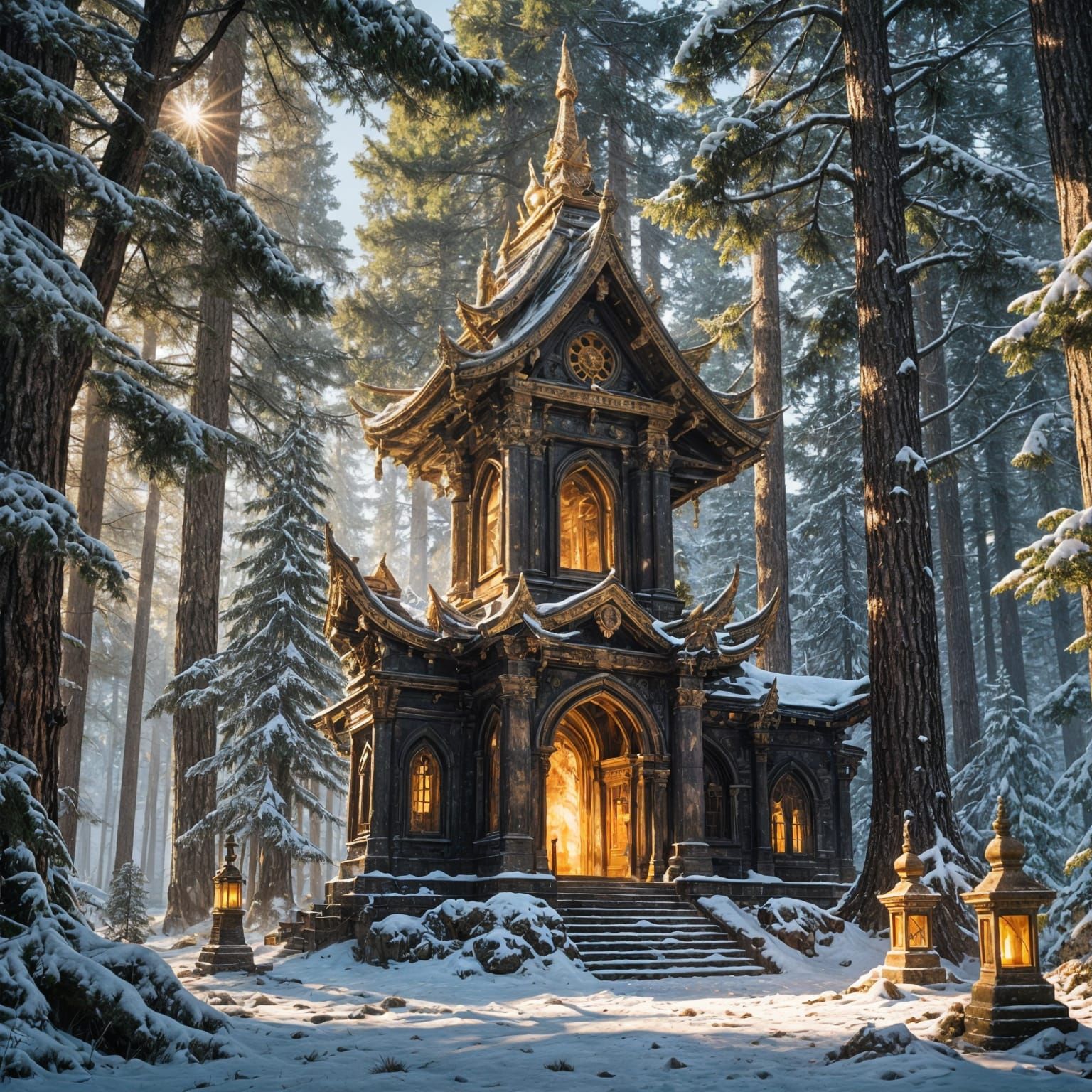 Winter Shrine in Pine Forest: Digital Matte Painting