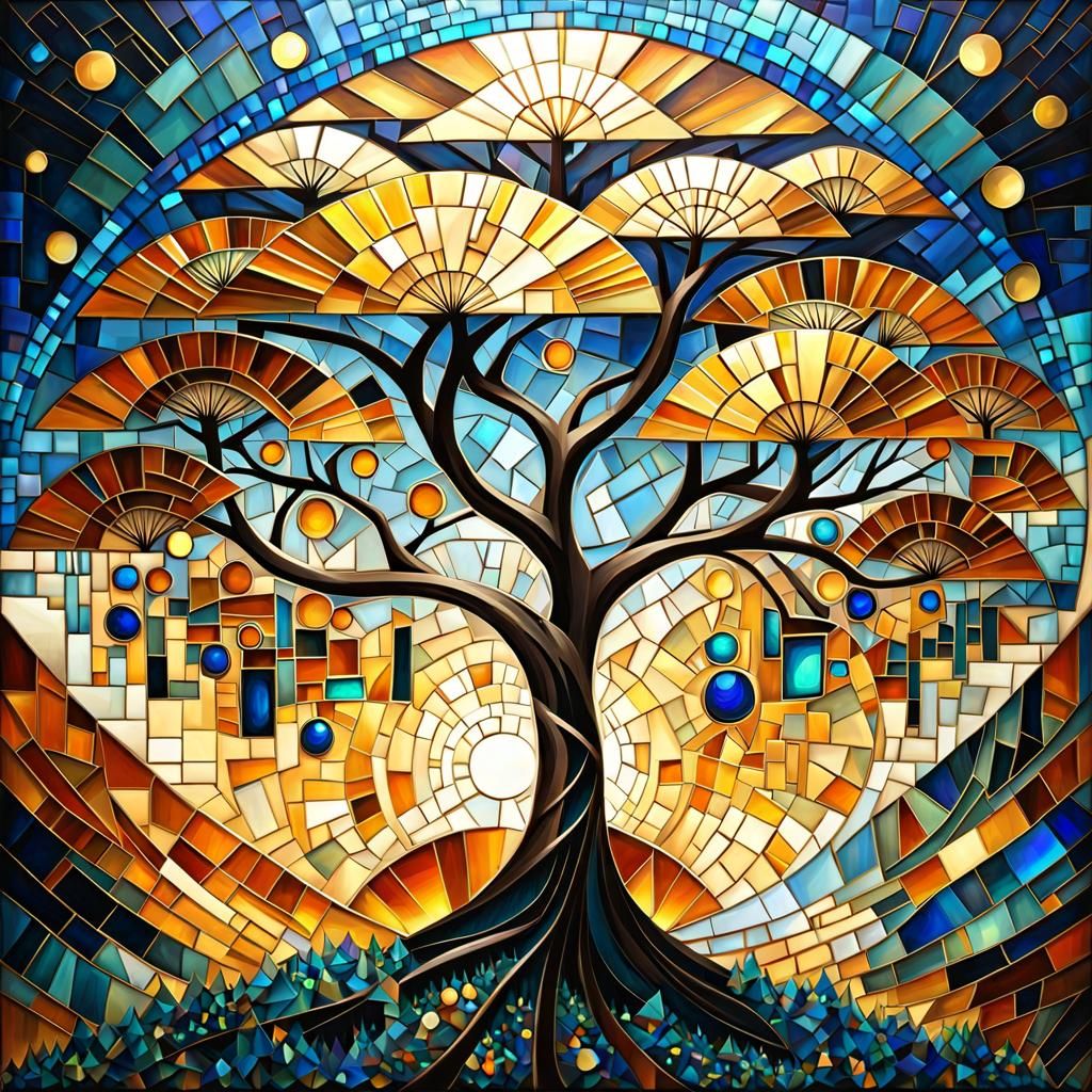 Iridescent Magic Tree of Worlds in Cubist Art Deco Style