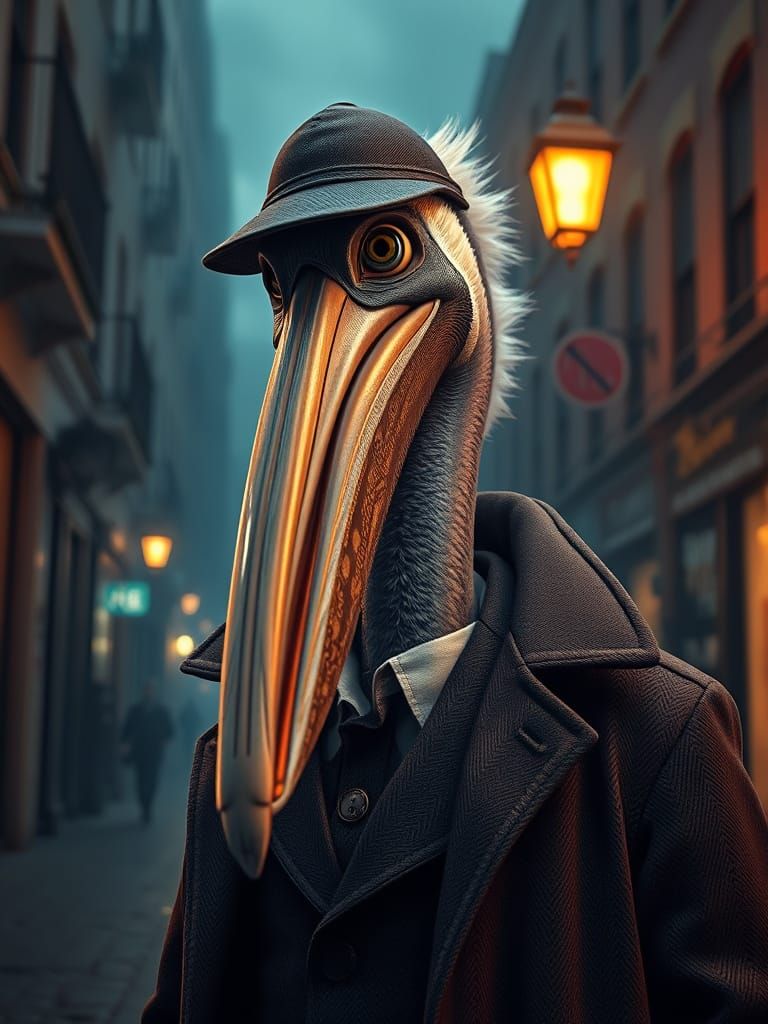 Hyperdetailed Detective Pelican in Night Street Scene