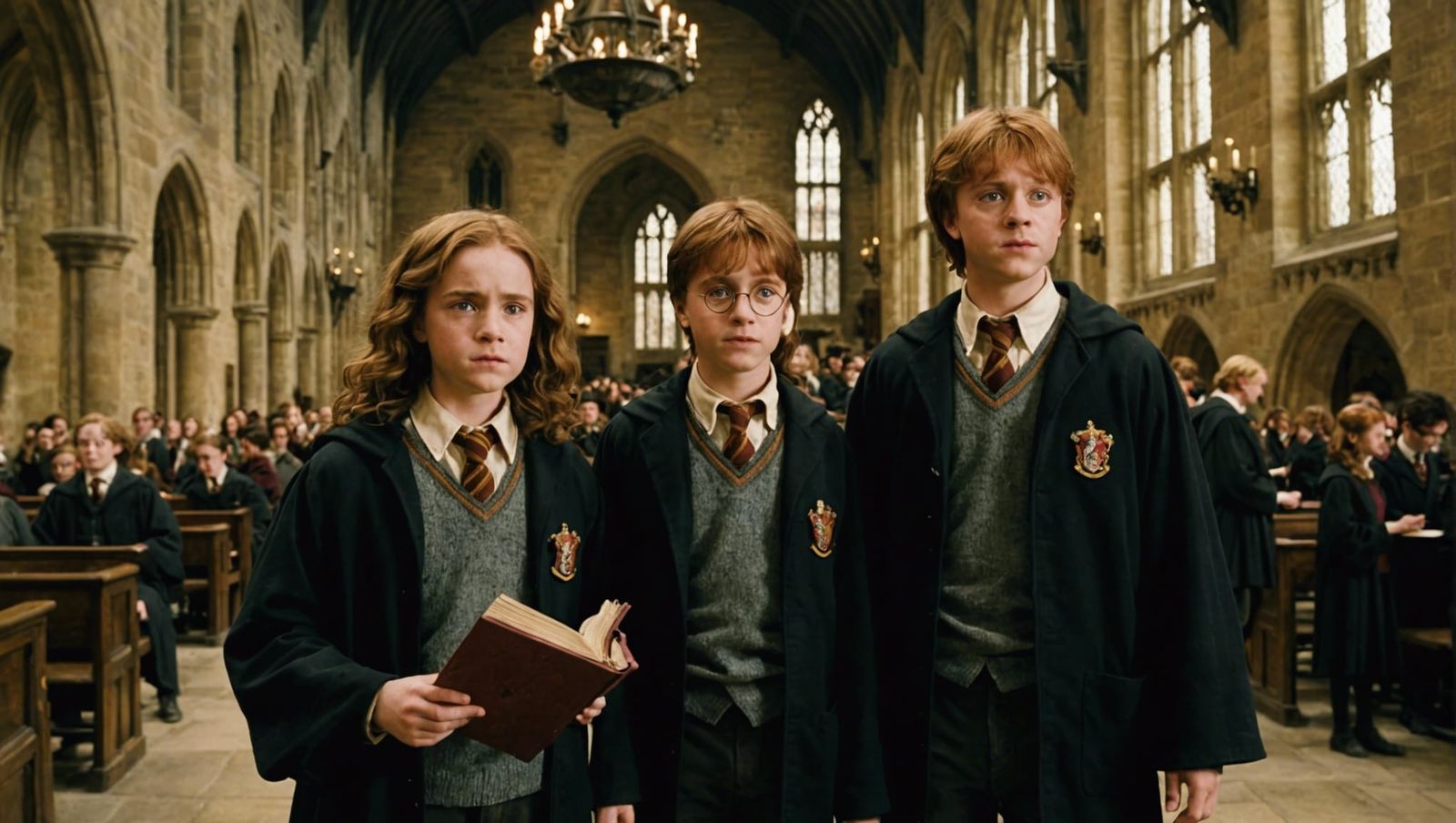 Harry Potter, Hermione, and Ron in the Great Hall