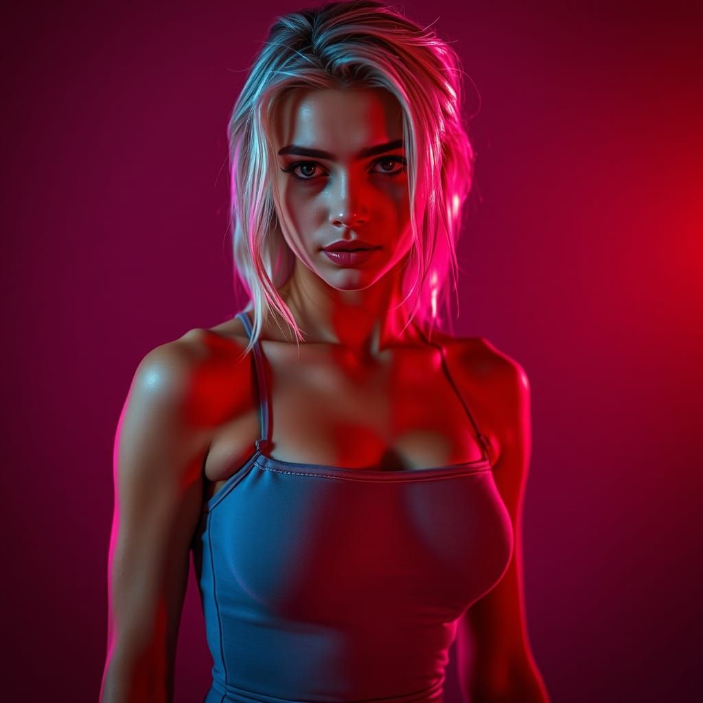 Platinum Blonde in Red and Blue Lighting