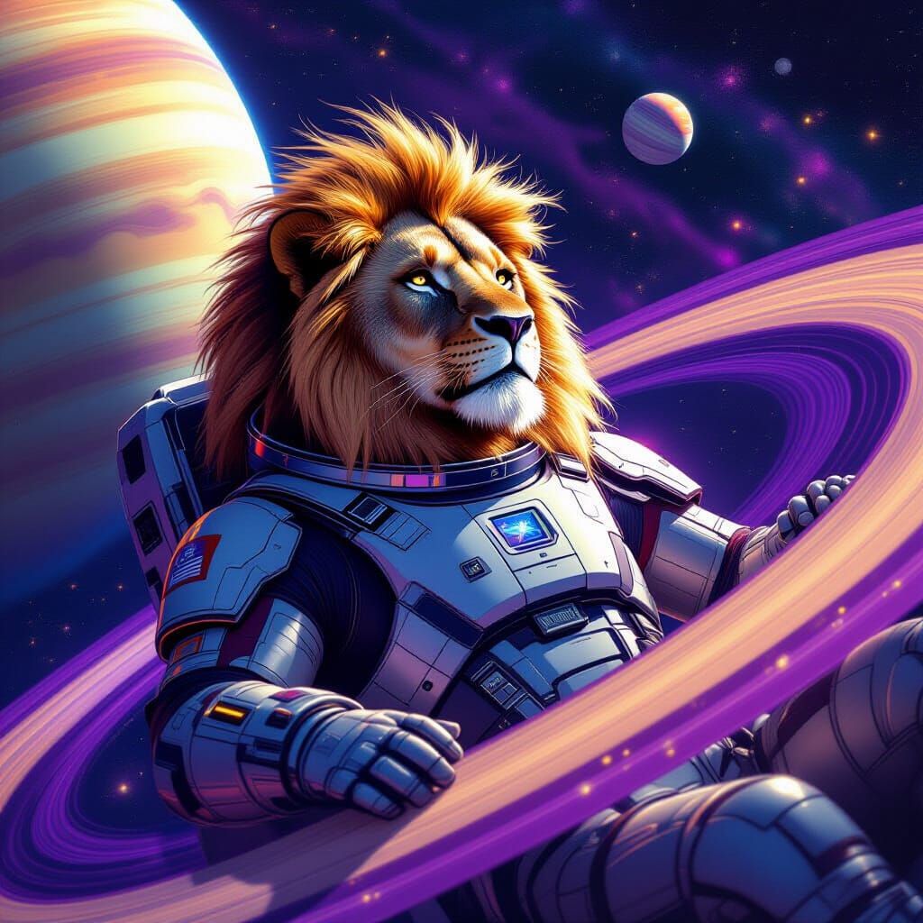 Lion in Spacesuit Among Saturn Rings