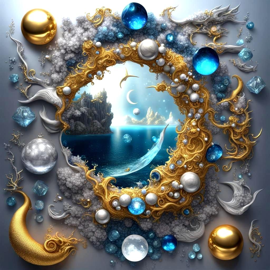 Surreal Mermaids in Azure Sea with Gold and Silver