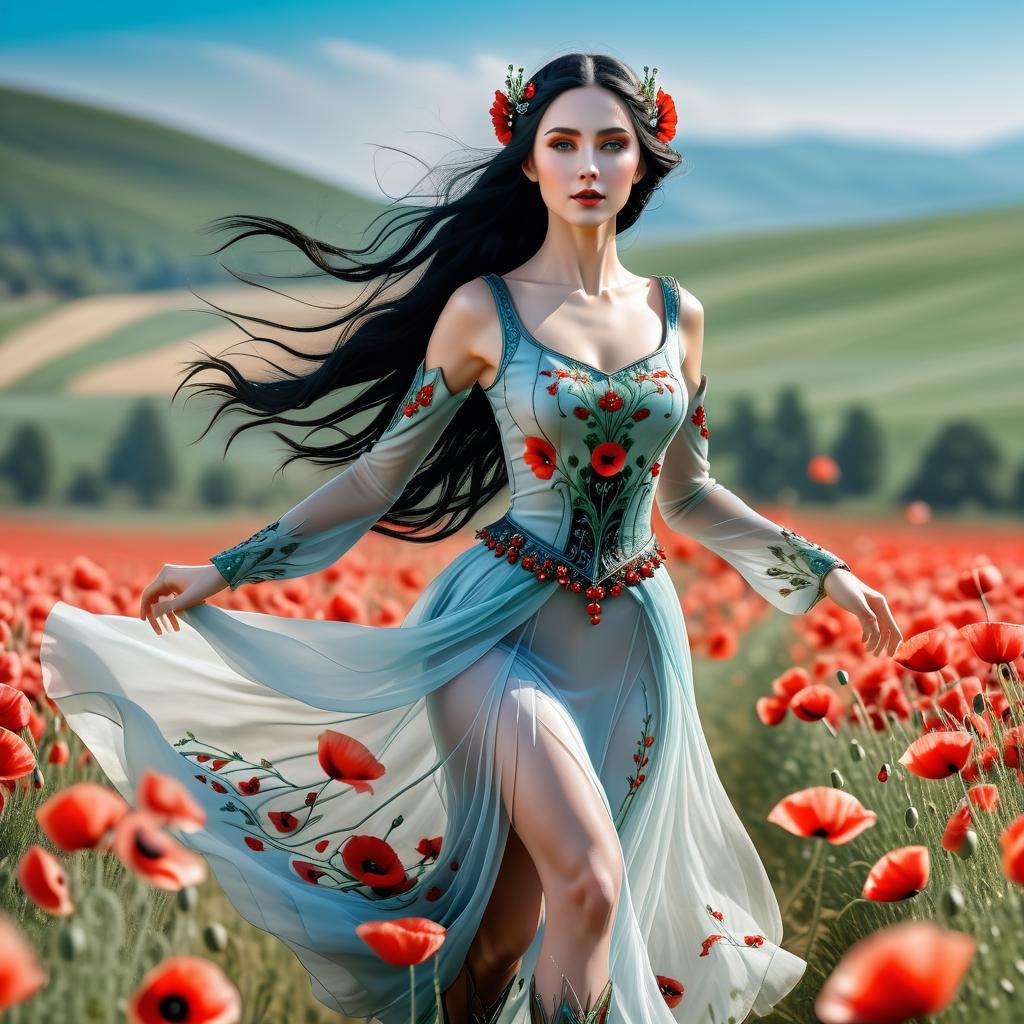 Elven Woman Runs Through Poppy Field