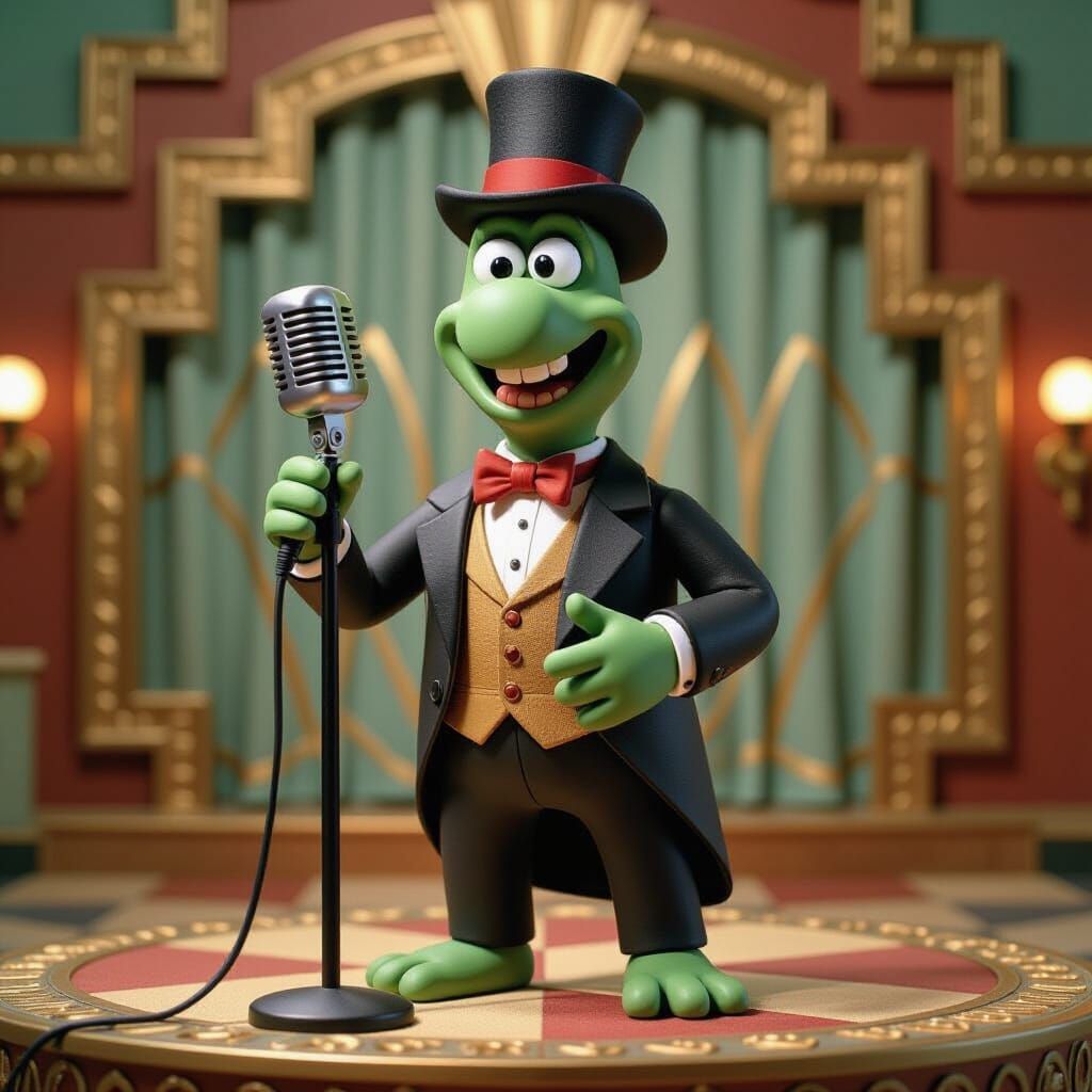 Singing Turtle on Art Deco Stage as Claymation