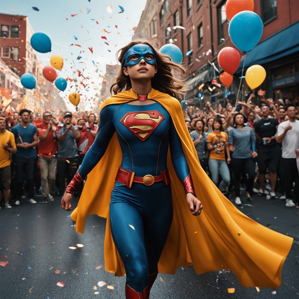 Heroic Superhero Girl Rocks the City Parade in Vibrant Comic...