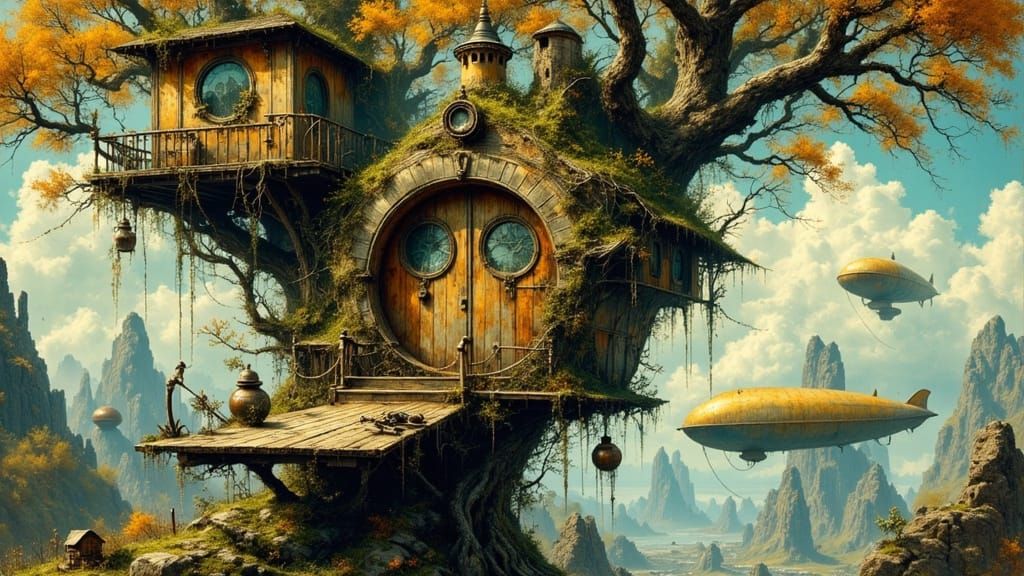 Steampunk Treehouse Amidst Whimsical Cityscape