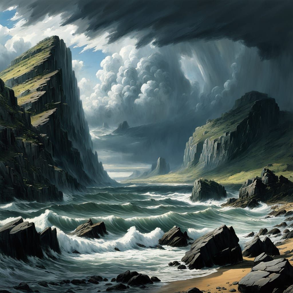 Stormy Seascape with Gray Rocks in Anime Style