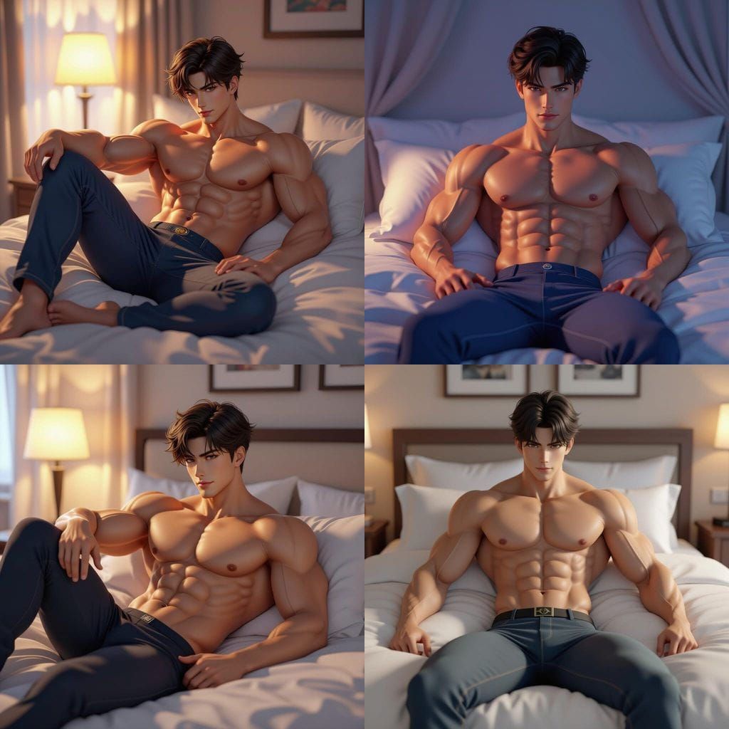 Muscular Man in Thong Underwear on Bed, Detailed Anime Art