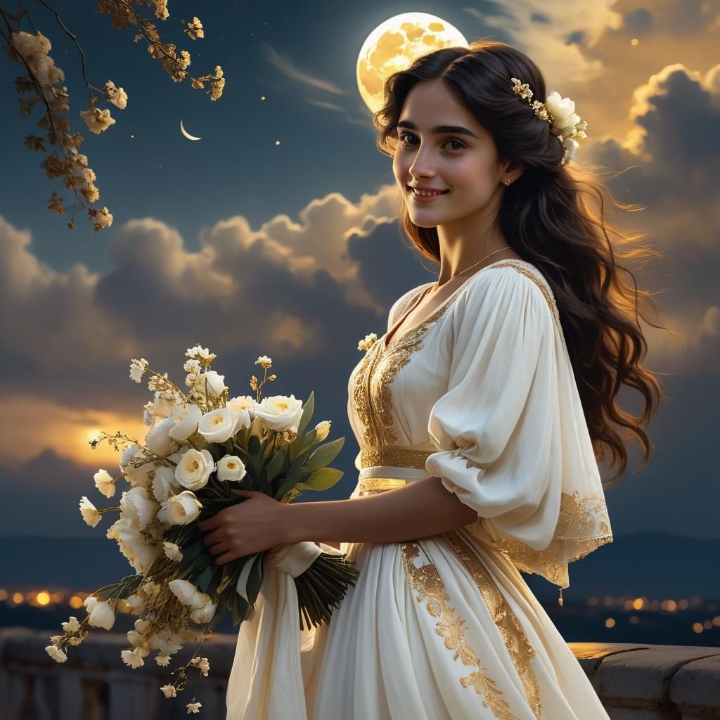 Girl with Flowers Under Moonlight: Pre-Raphaelite Style