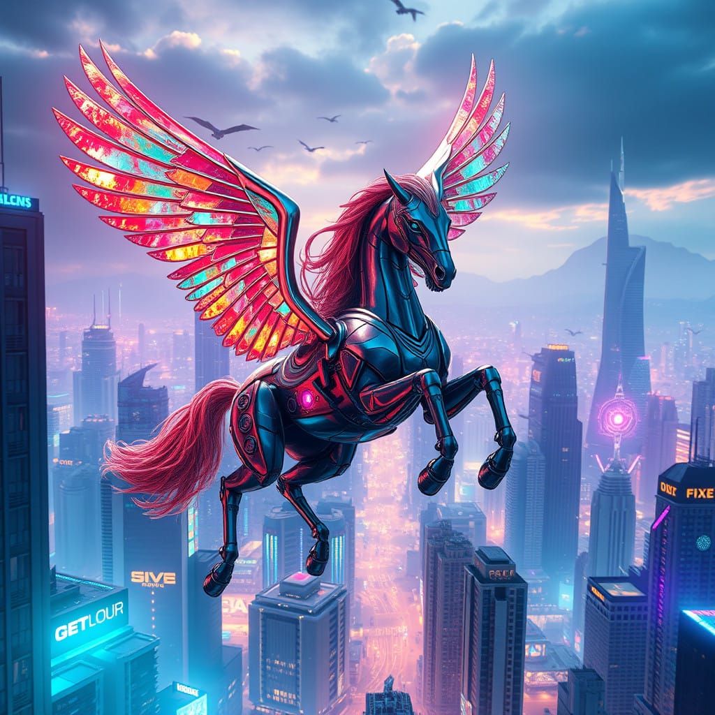 Robotic Pegasus Soars in Neon-Lit Dystopian Metropolis