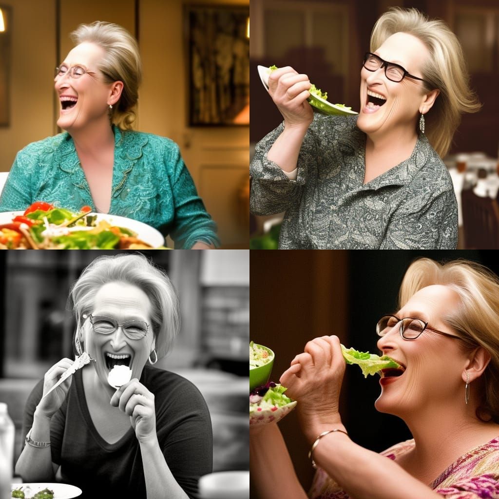 Meryl Streep Laughing Eating Salad: Hyperrealistic Close-Up