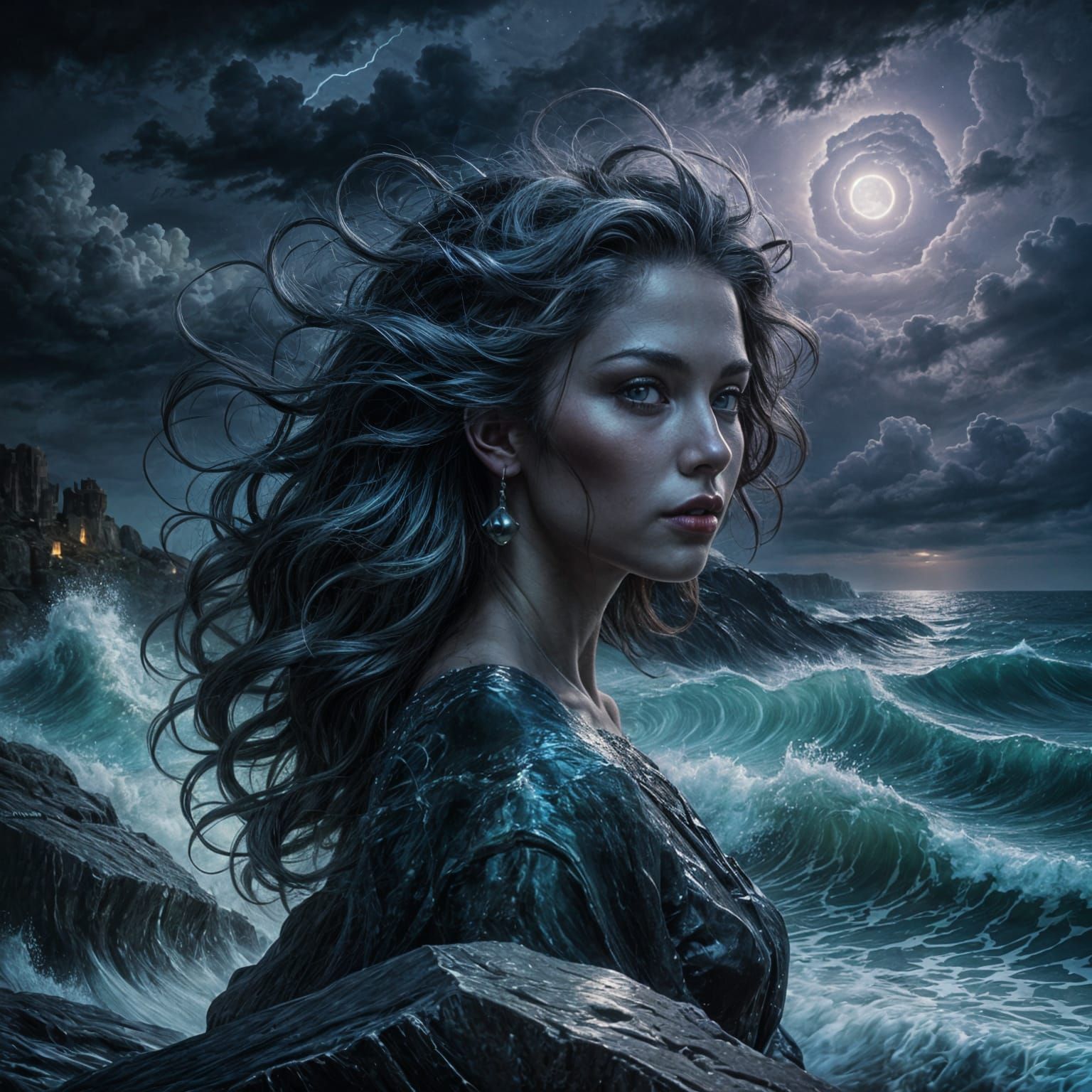 Dark Siren on Rock: Impressionistic Surreal Seascape