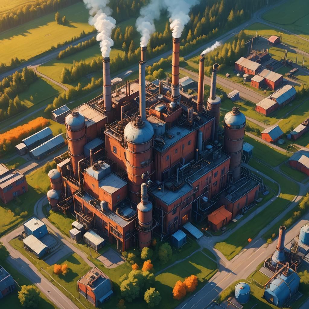 Miniature Factory in Field at Sunset: Matte Painting