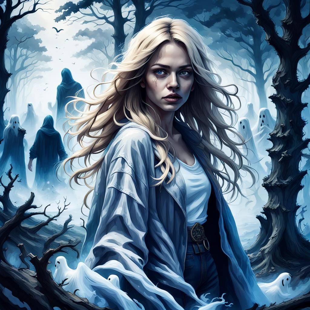 Mysterious Blonde Woman in Ghostly Woods