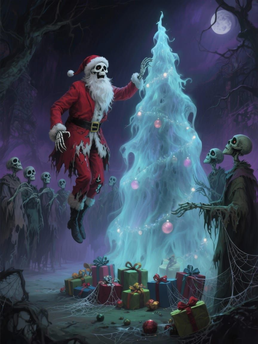 Skeletal Santa Haunts Ethereal Christmas Tree