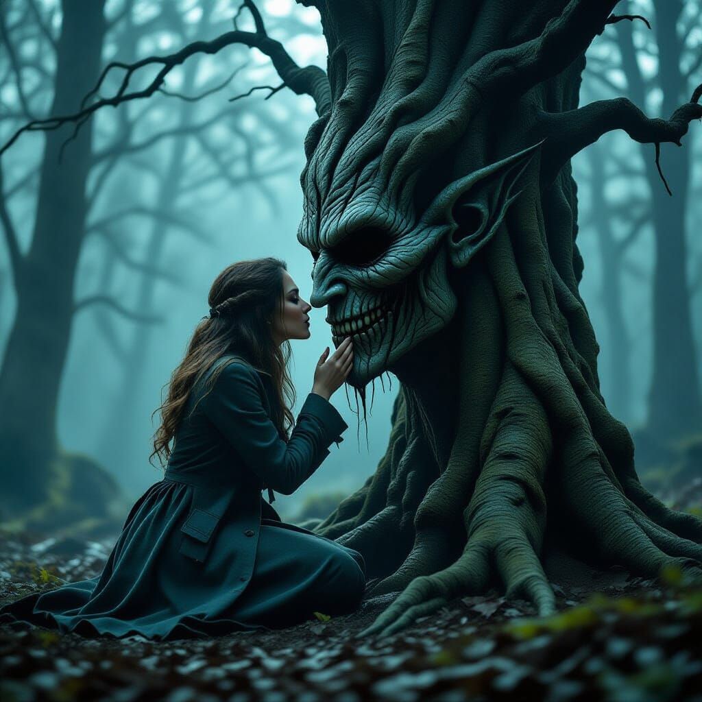 Woman Kisses Ancient Tree with Face in Misty Forest