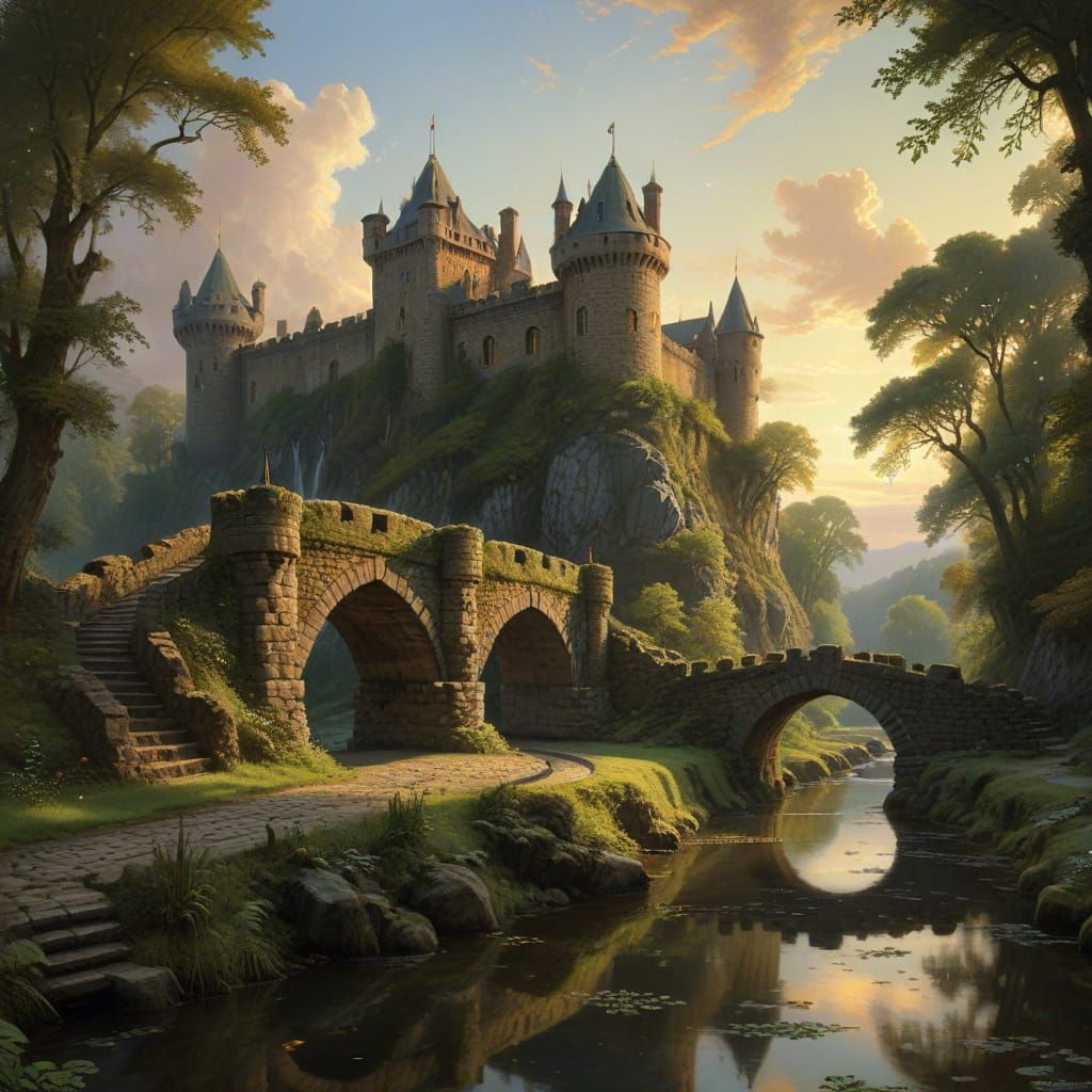 Medieval Knights Cross Arched Bridge at Castle Under Golden ...