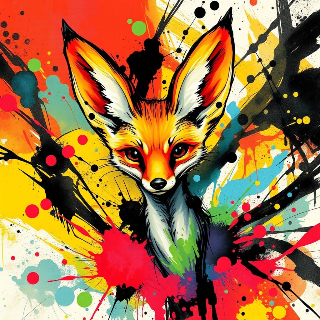 Fennec Fox in Ink Splatter Abstract Expressionism
