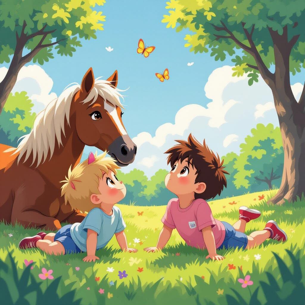 Boys with Animal Ears on Grass in Impressionist Style