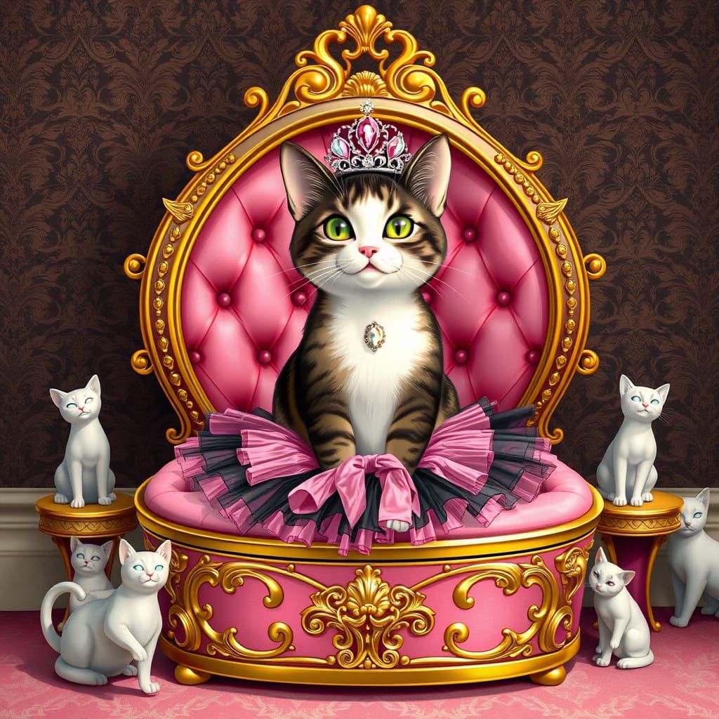 Regal Cat in Victorian-Style Litter Box with Tutu and Tiara