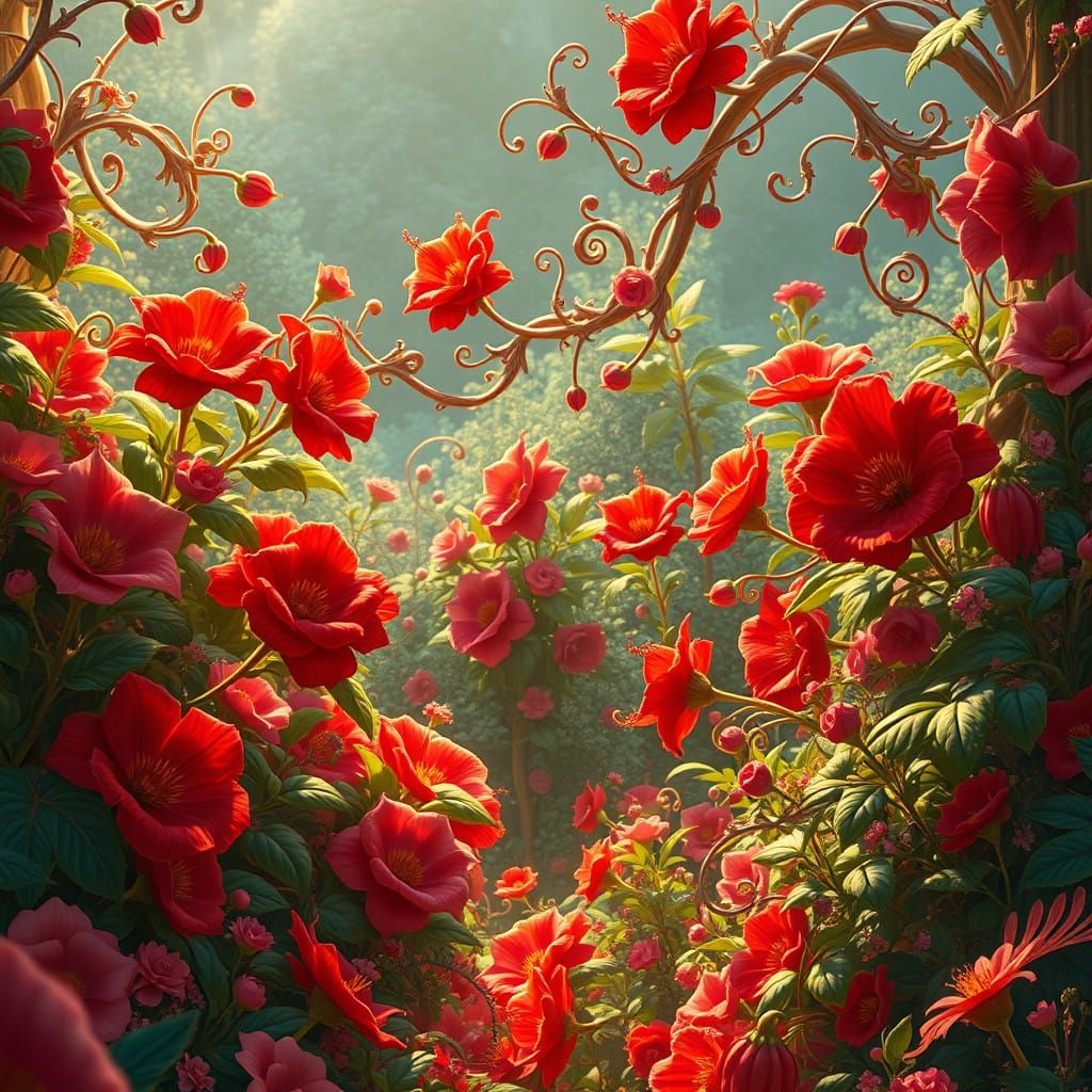 Whimsical Garden Scene in Vibrant, Detailed Style