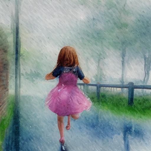 Impressionist Girl Splashing in Rainy Puddles