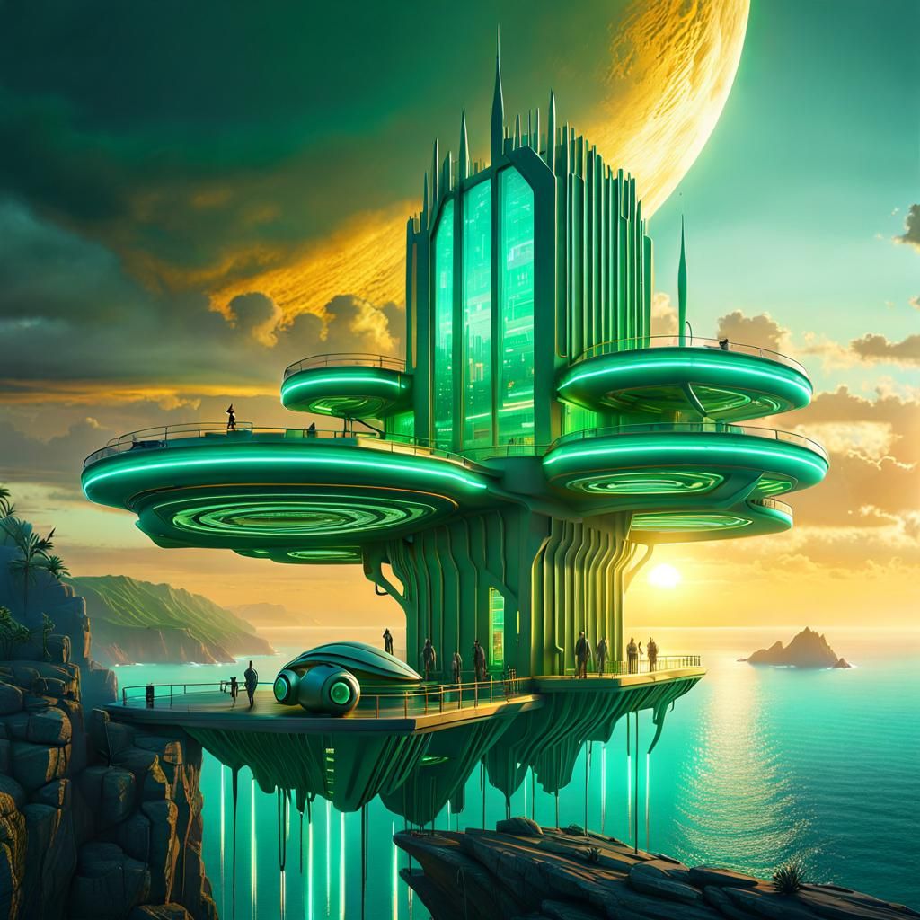 Futuristic Alien Green Home Overlooking Ocean at Sunset