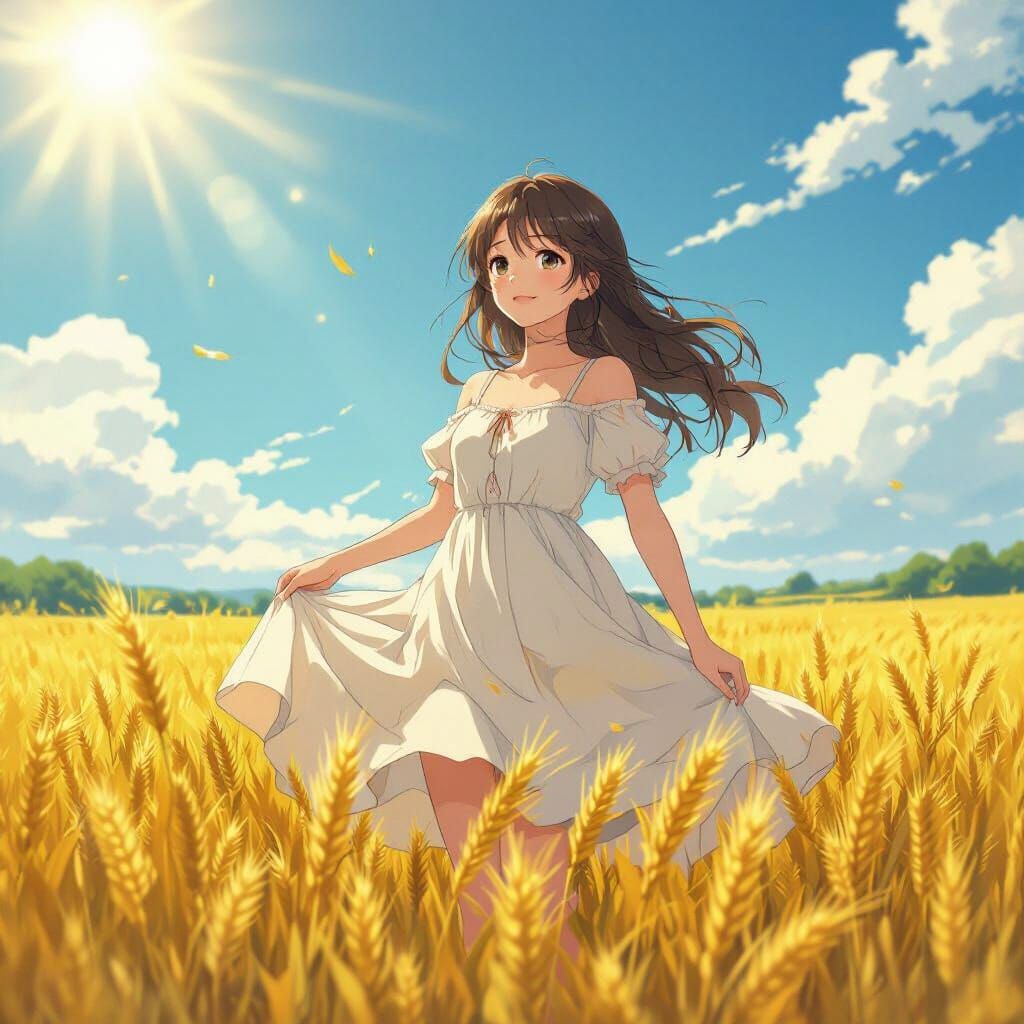 Slavic Anime Girl in Wheat Field, Anime Style