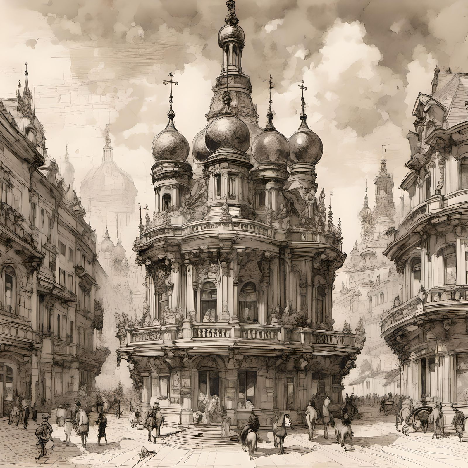 Detailed Architectural Sketch of Prague in Ink