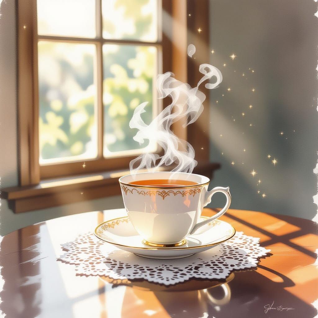 Serene Earl Grey Tea Scene in Luminous Watercolor Style