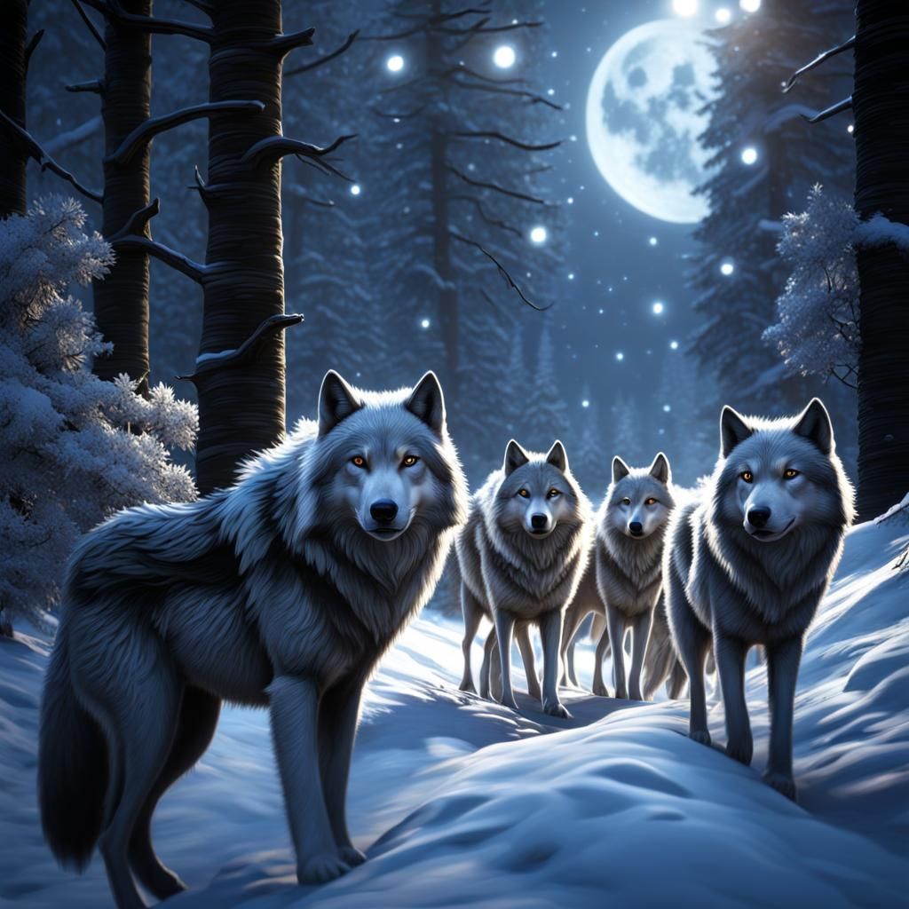 Pack of wolves, large in body size, monochromatic color fur, following and protecting the princess of an ancient Celtic ...