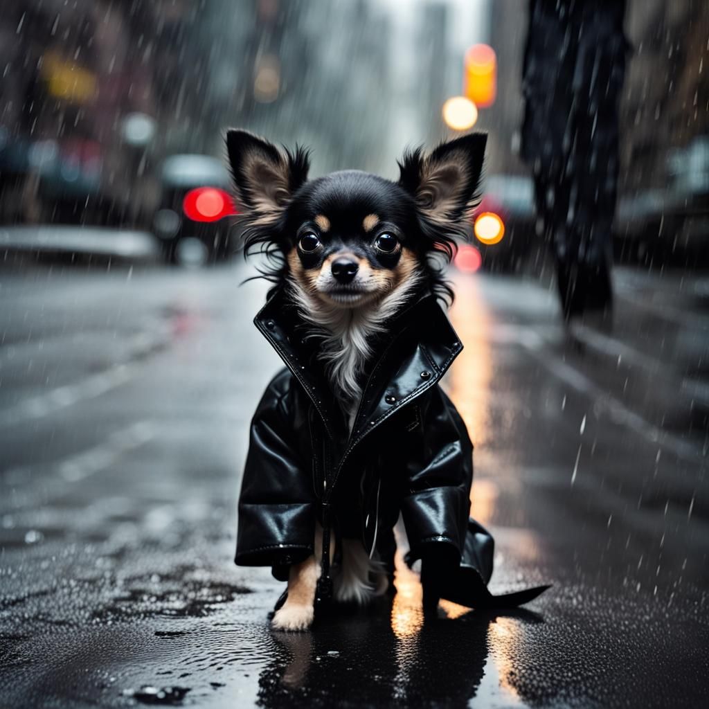 Lonely Chihuahua Puppy in Rainy New York Street