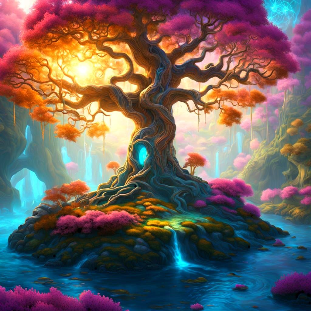 Whimsical Tree of Life in Vibrant, Dreamlike Landscape
