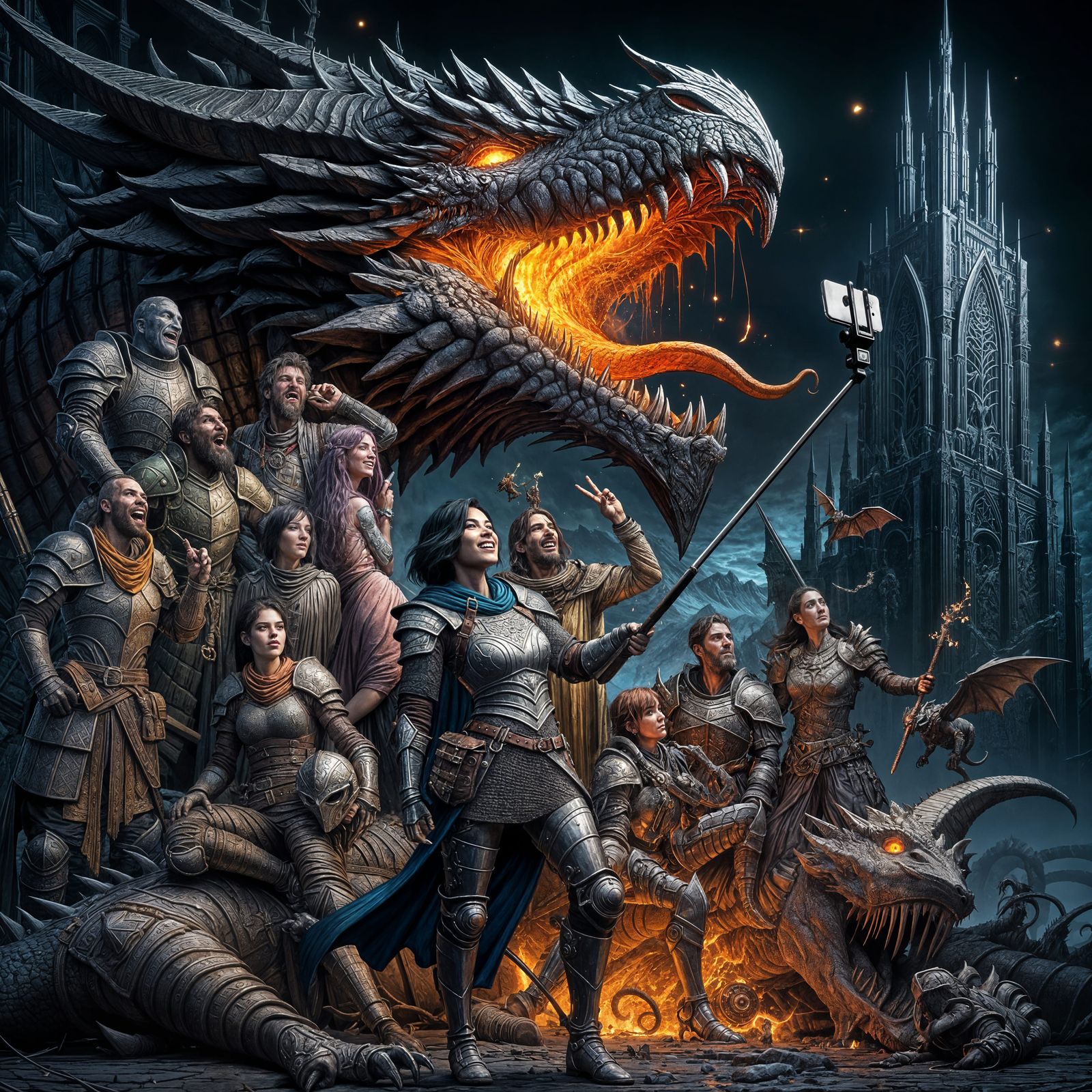 Victorious Adventurers Take a Selfie After Dragon Battle