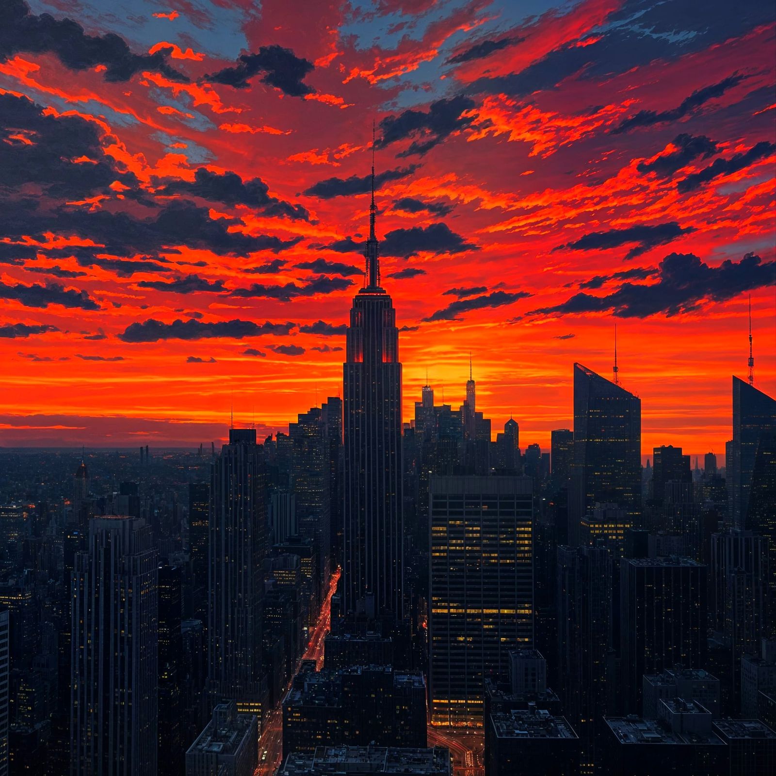 Fiery Sky Over Dark New York City Skyline